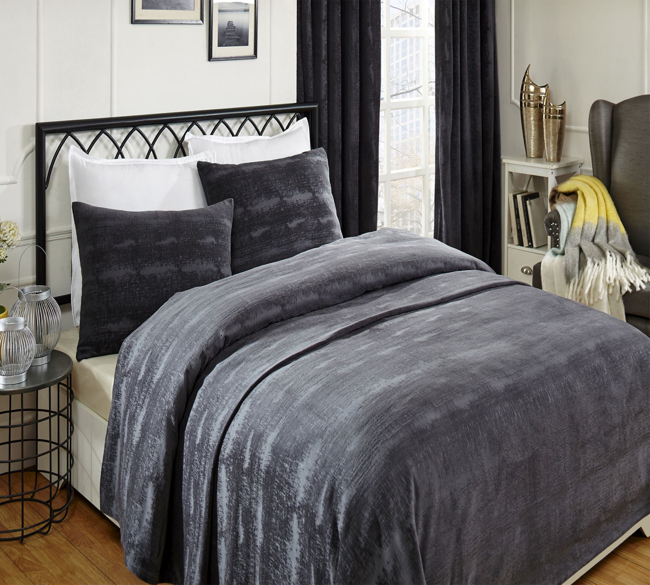 Couvre-lit et taies d'oreiller en velours écrasé - Noir